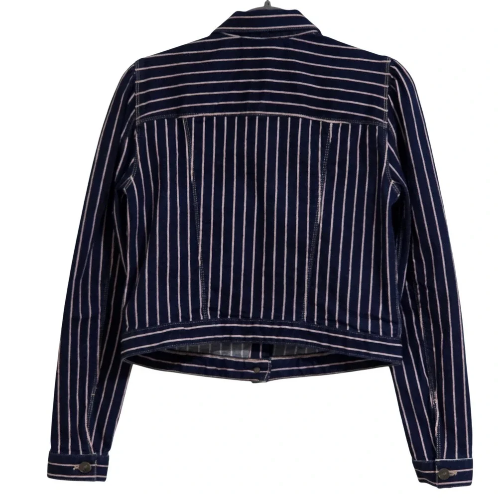 Nautica Jeans Striped Denim Puff Shoulder Jacket Womens XS Denim Navy Blue
